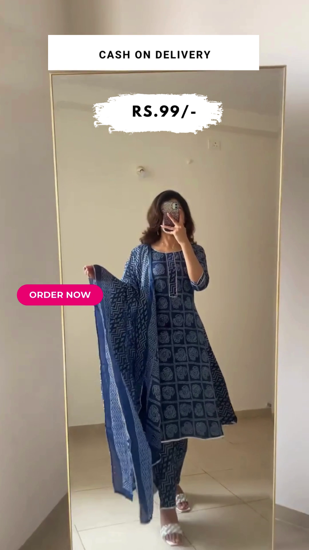 Blue Printed Cotton A-Line Kurta With Dupatta