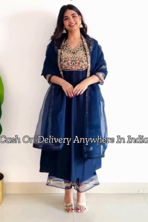 Blue Ethnic Motifs Embroidered Panelled Kurta With Trousers & Dupatta