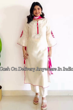 White Ethnic Motifs Embroidered Panelled Kurta With Trousers & Dupatta