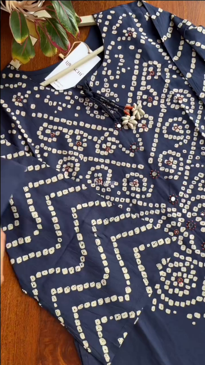 Women Blue & White Bandhani Printed Pure Cotton Kurta,Bottom and Dupatta