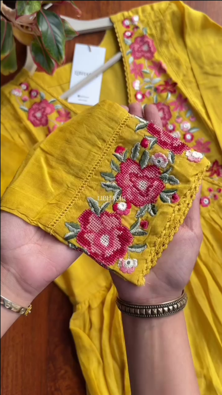 Mul Mul cotton embroidered Anarkali with pants and dupatta – Yellow - Image 2