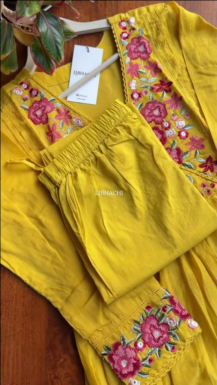 Mul Mul cotton embroidered Anarkali with pants and dupatta – Yellow - Image 3