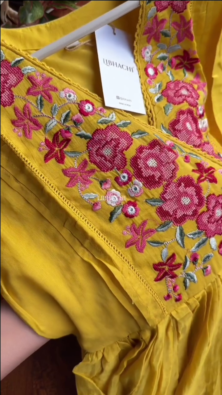 Mul Mul cotton embroidered Anarkali with pants and dupatta – Yellow - Image 5