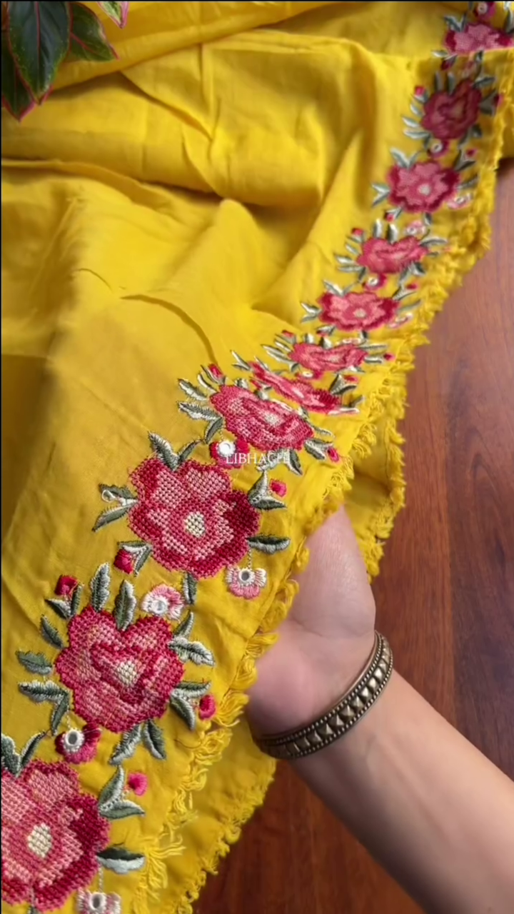 Mul Mul cotton embroidered Anarkali with pants and dupatta – Yellow - Image 6