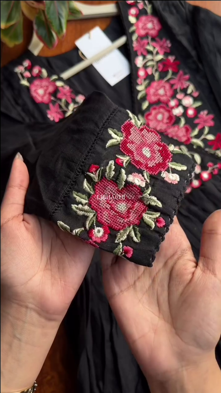 Mul Mul cotton embroidered Anarkali with pants and dupatta – Black - Image 2