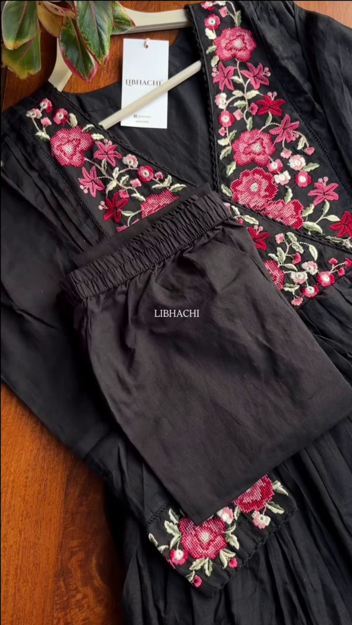 Mul Mul cotton embroidered Anarkali with pants and dupatta – Black - Image 3