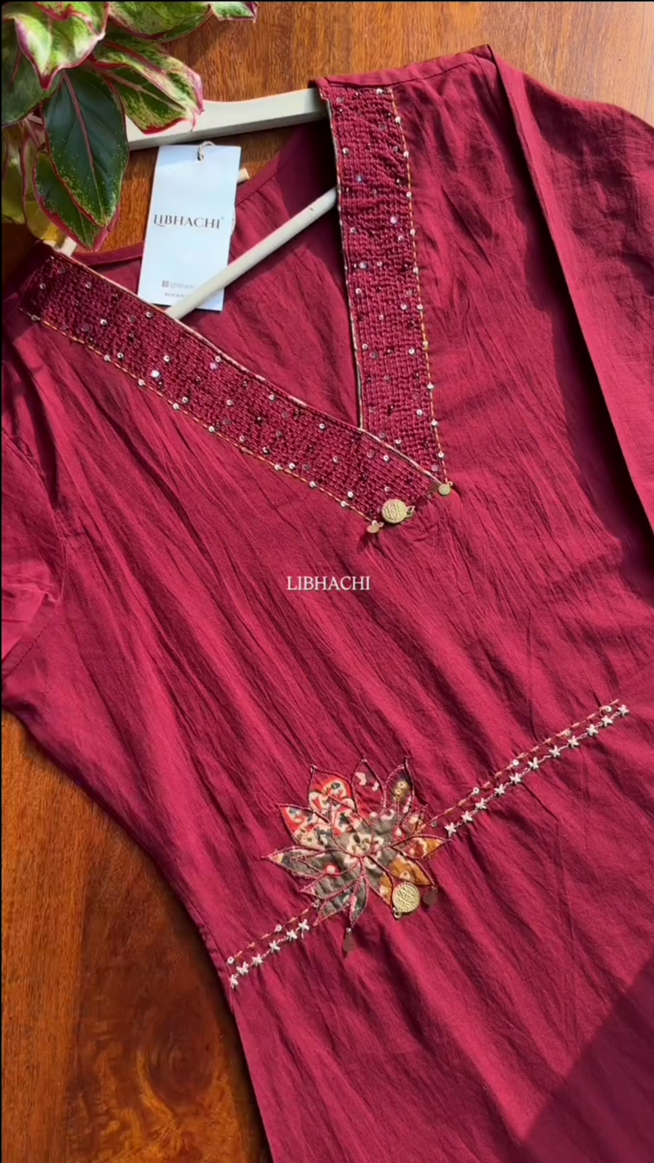 Women Red Embroidered Work Pure Cotton Kurta With Trousers